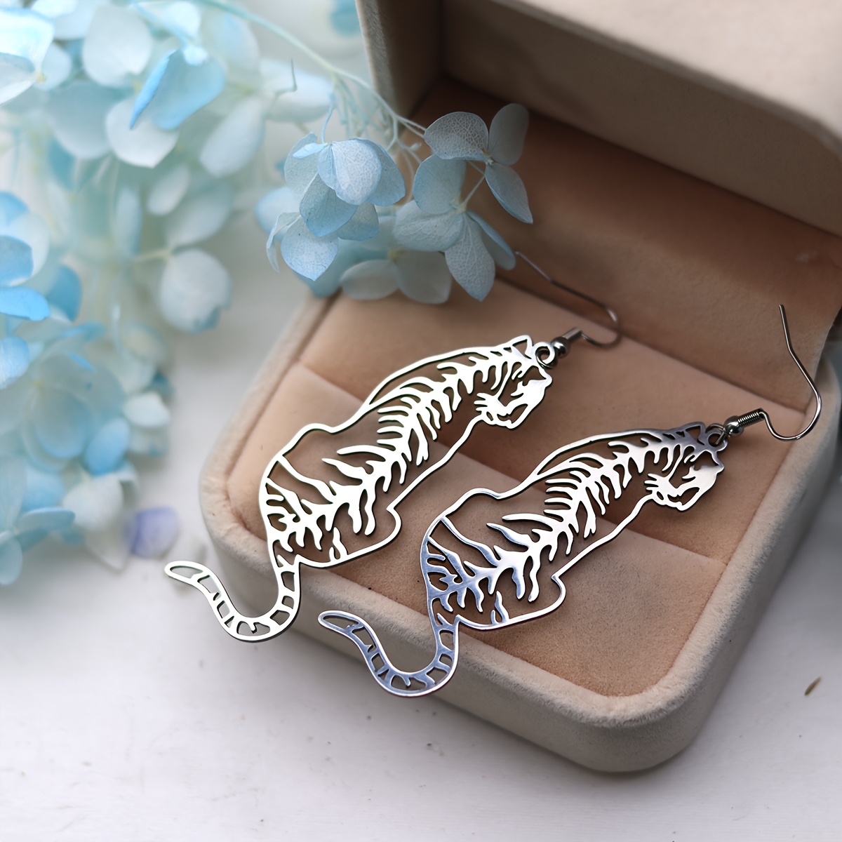 Cut-out Vintage Tiger Drop Earrings, Stainless Steel